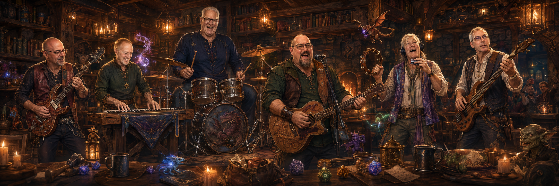 The six Old Dudes performing as a fantasy tavern band