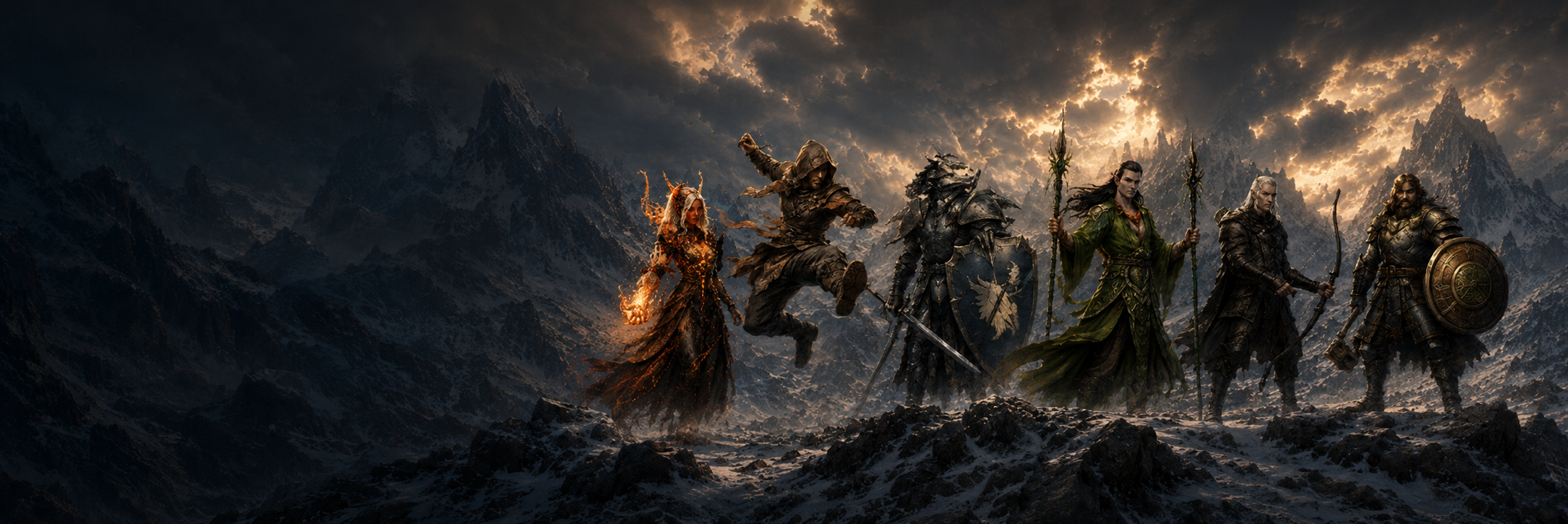The six Heroes of the New Beginning standing in the mountains