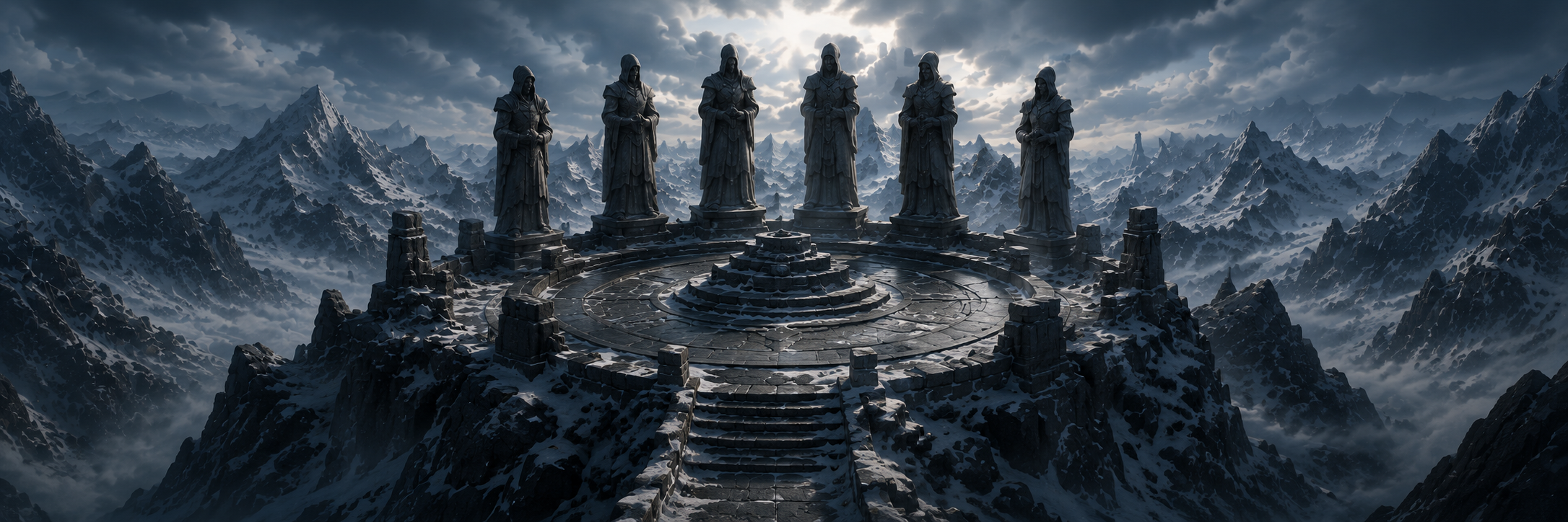 The ancient monument of six forgotten heroes on a snowy mountain summit