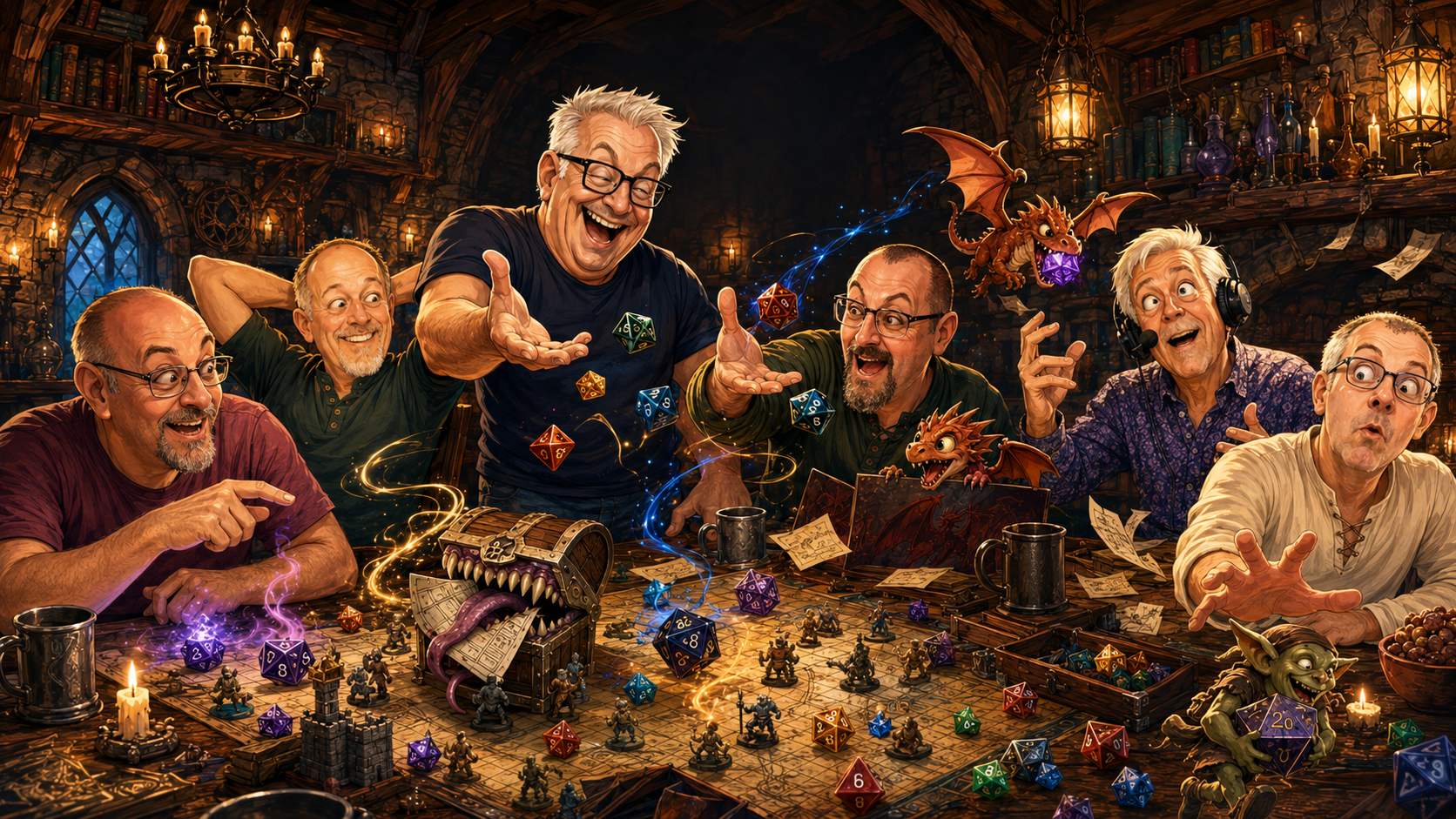 The six Old Dudes laughing around a fantasy gaming table while goblins, a dragon, dice, and a mimic cause chaos