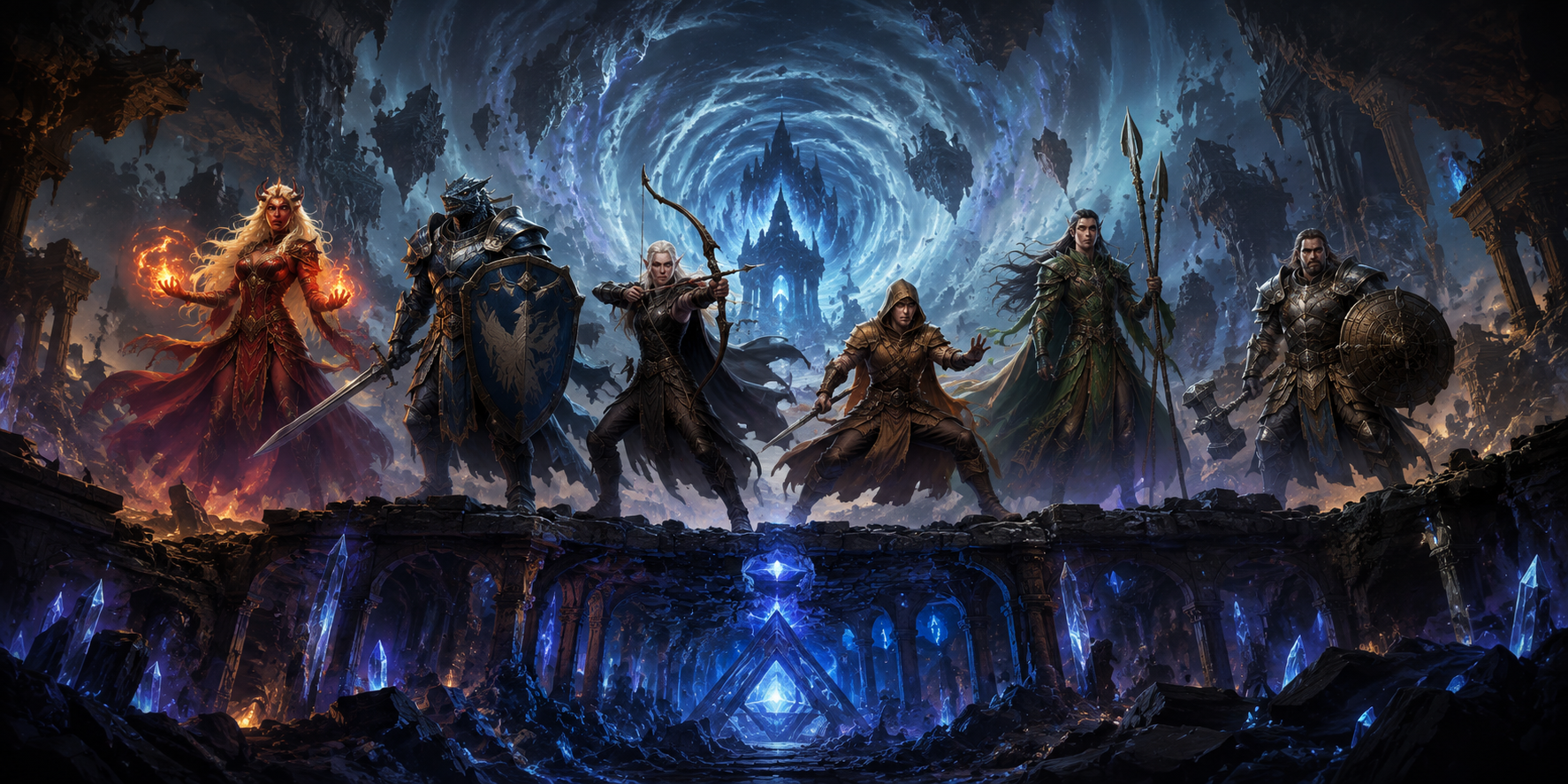 The six heroes standing before the shattered false temple and a violent magical vortex