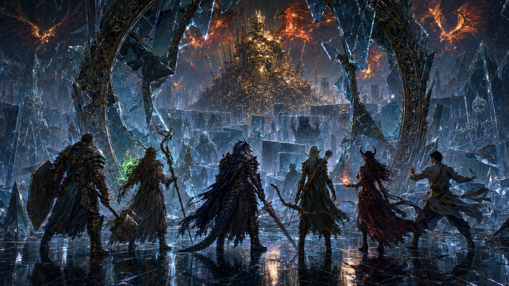 The heroes entering the dangerous realm beyond the ancient mirror