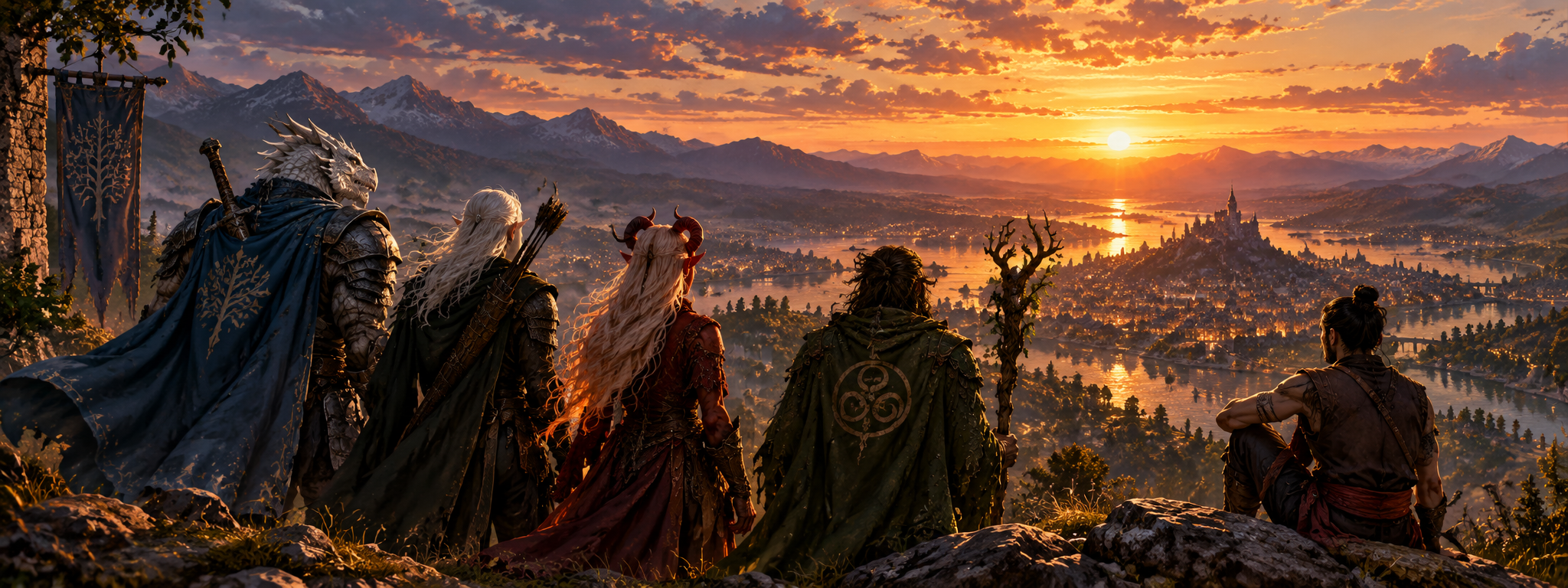 The five surviving Heroes of the New Beginning look toward home at sunset in the Final Reconstruction