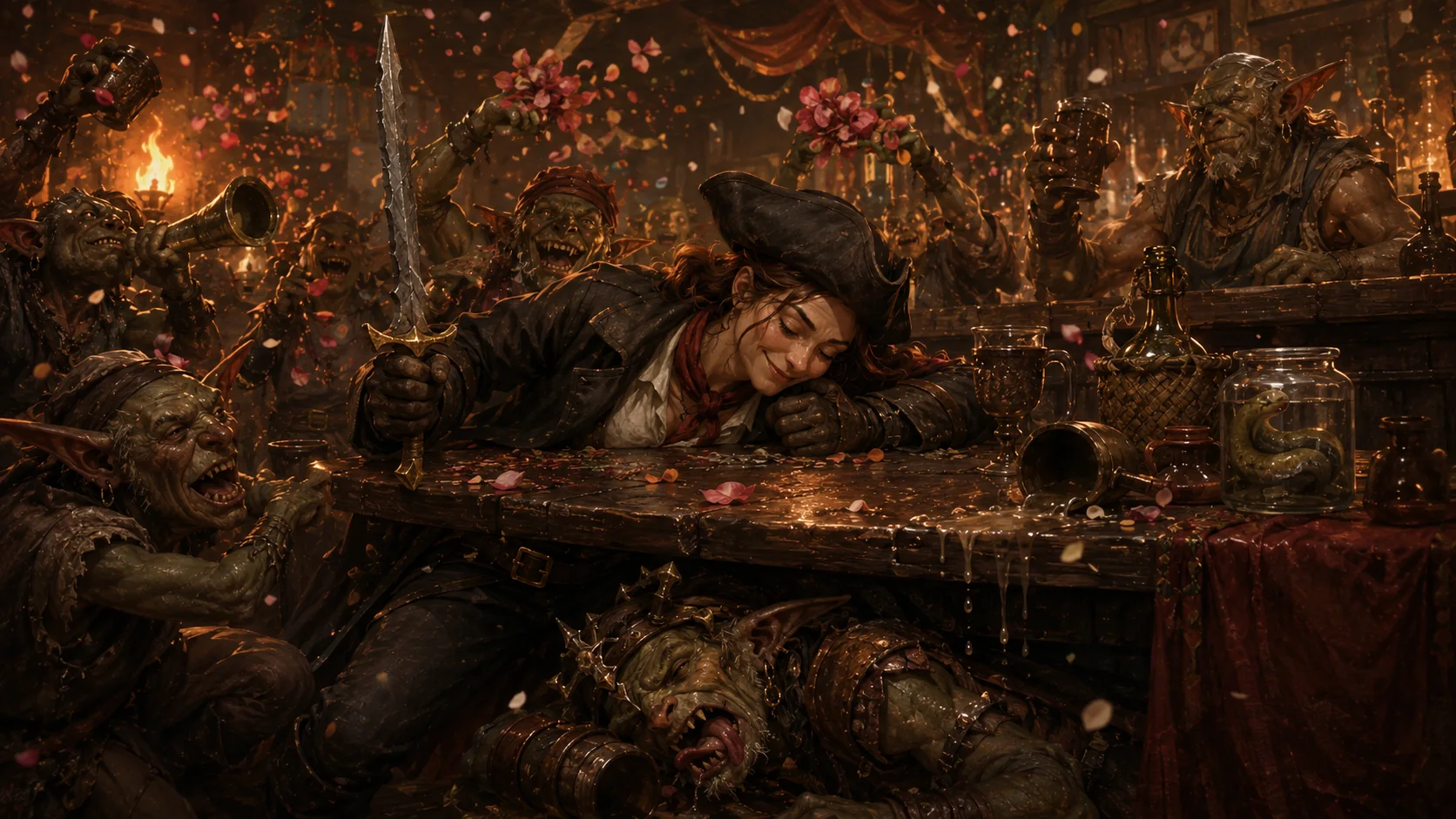 Talia Vey defeats Chieftain Bloggo in a chaotic drinking contest at the Welcoming Hand.