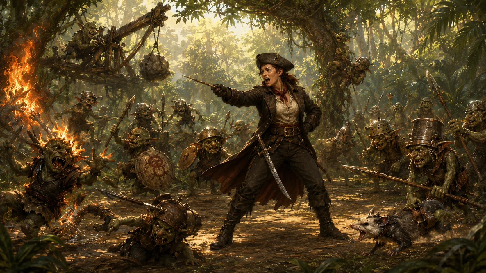 Talia Vey attempts to train a disorderly goblin army in a jungle clearing.