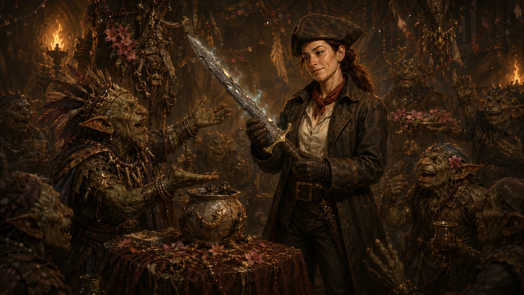 Talia Vey accepts the ancient broken sword Shardsong from the celebrating goblin tribe.