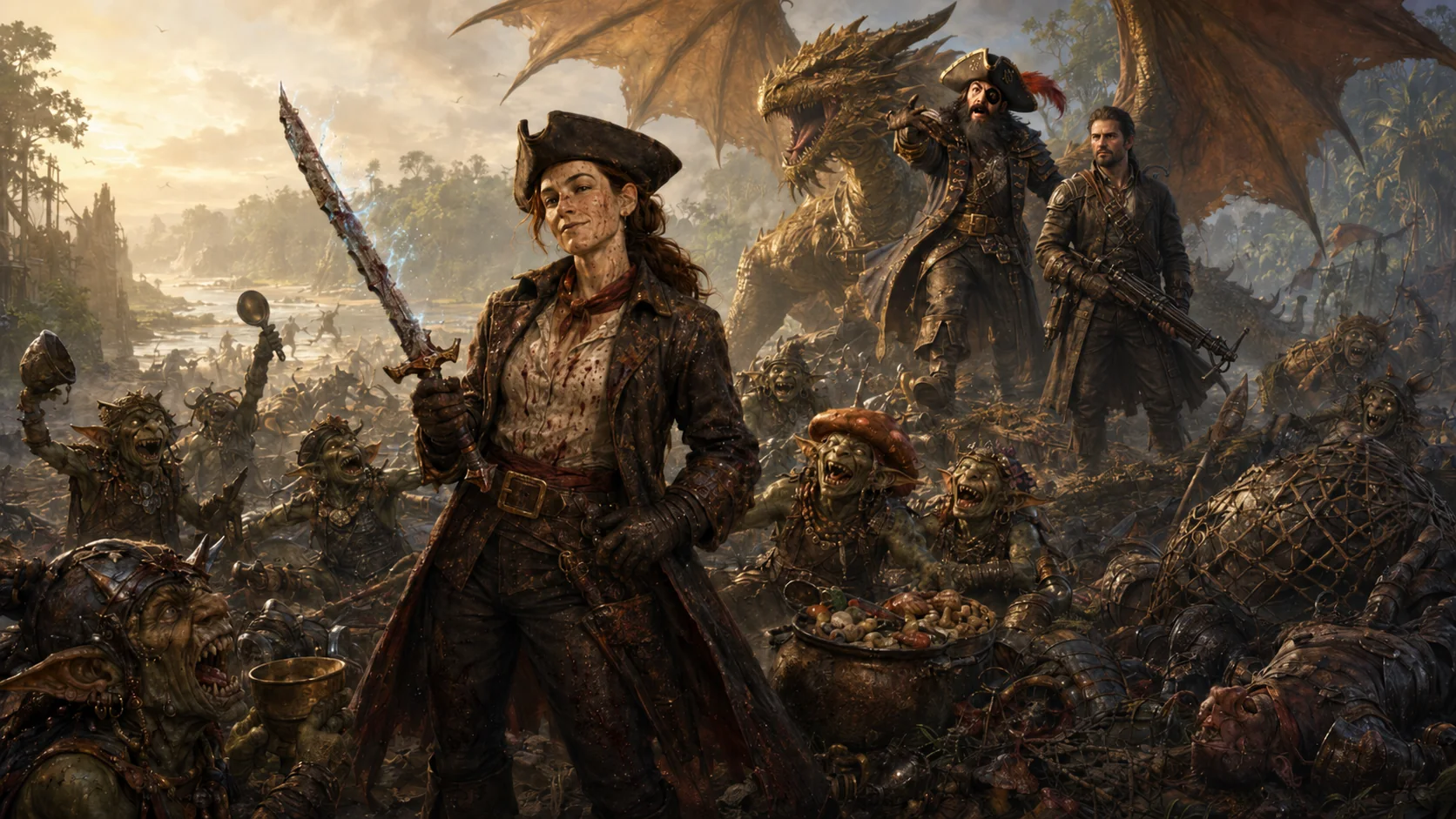 Jandar and Deacon arrive by bronze dragon after Talia and her goblin army have already defeated the hobgoblins.